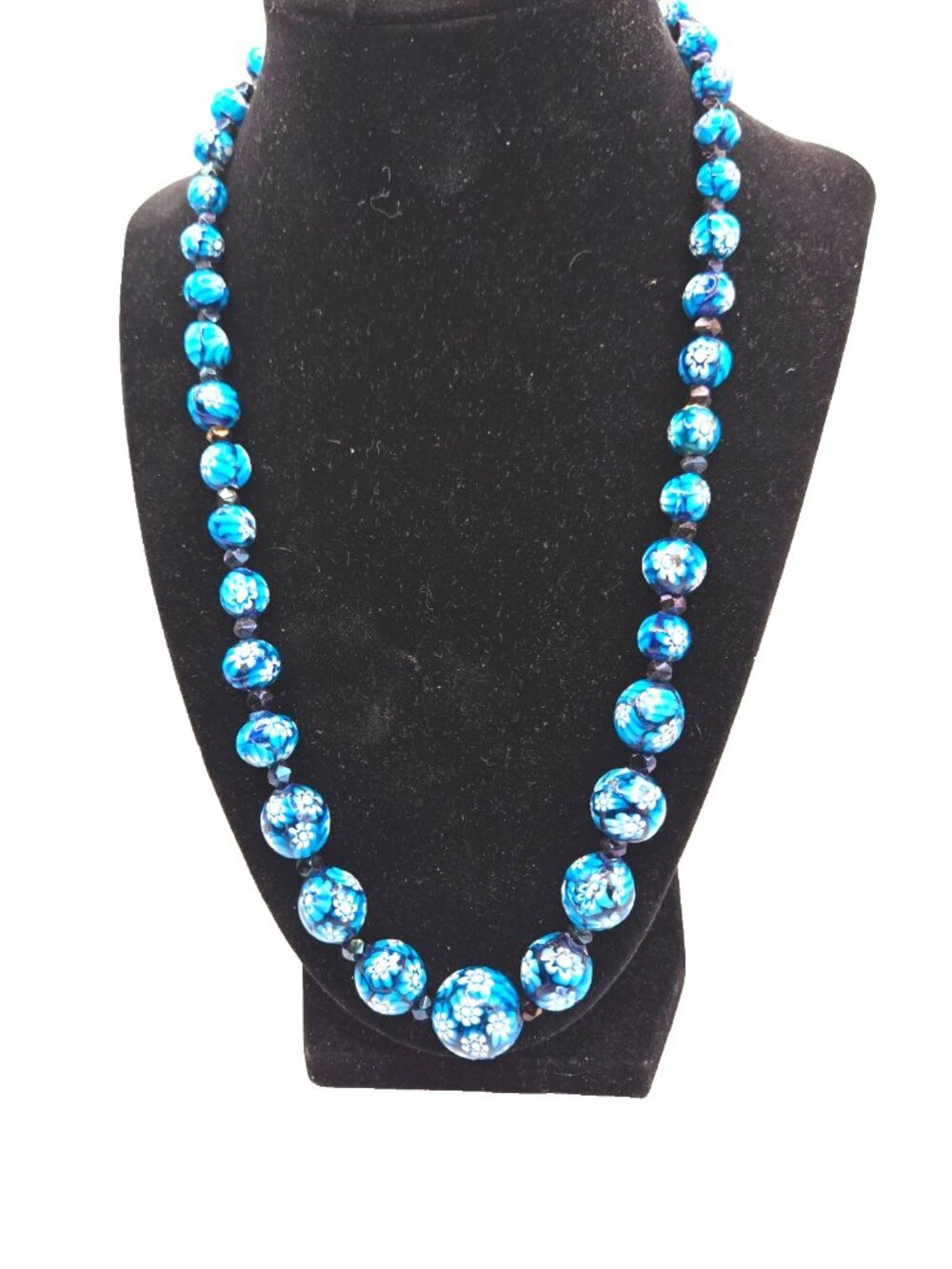 Vintage Blue Millefiori Glass Necklace Venetian Art Glass Graduated Floral Beads